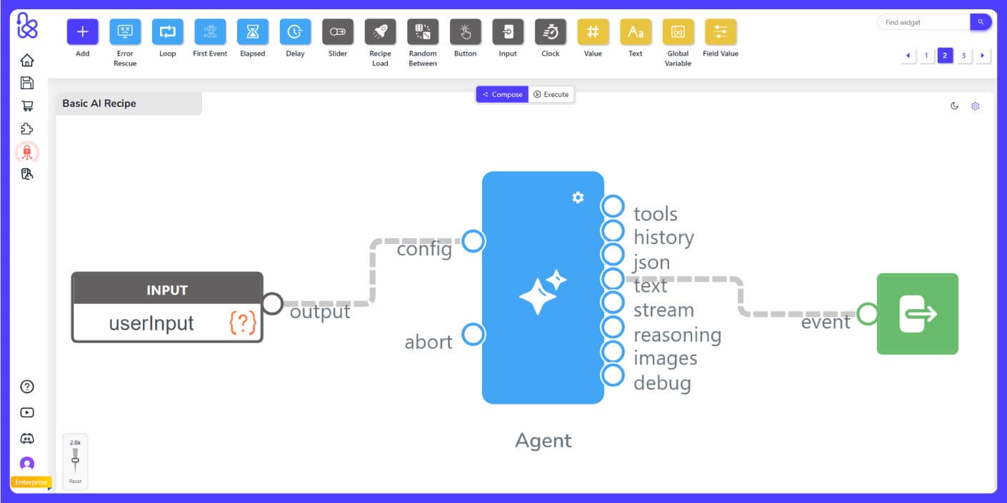 Kemu Composer canvas with Input Widget → AI Agent → Output Widget