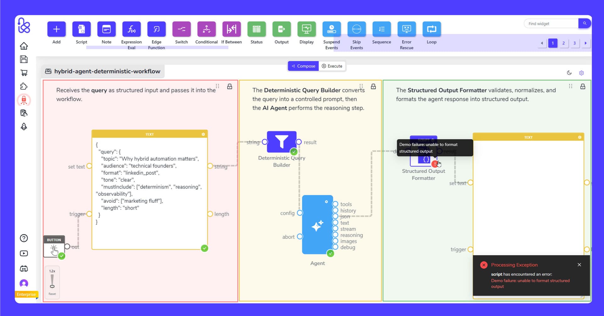 Data flowing between nodes and a highlighted failed step
