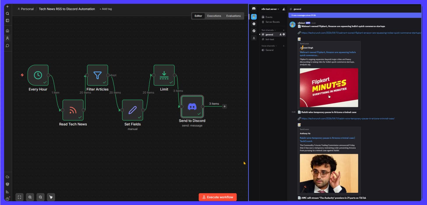 A typical n8n workflow canvas