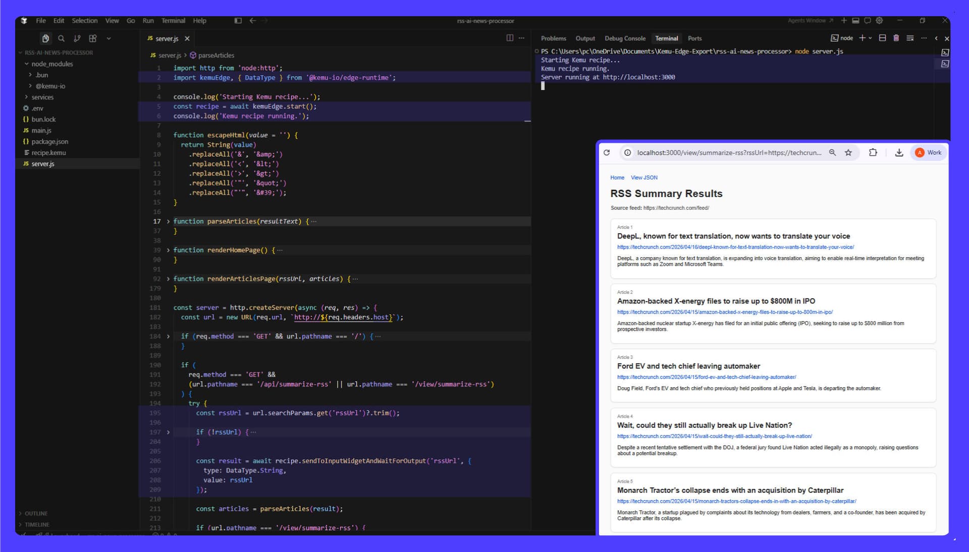 Code editor showing a Node.js app importing a Kemu recipe and invoking it like a function